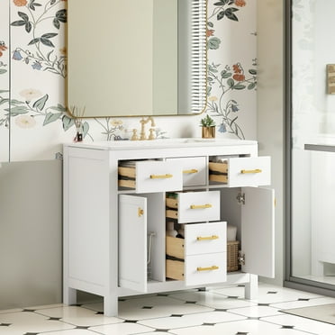 36'' Bathroom Vanity With Ceramic Sink Combo Set Modern Freestanding Single Bathroom Cabinet With 4 Drawers & 2 Cabinets Storage Cabinet For Bathroom Solid Wood Frame Vanity Set Green