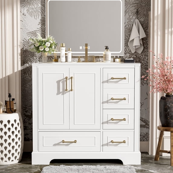 36" Bathroom Vanity with Ceramic Sink, Floor Standing Single Basin Vanity Set with 2 Soft Closing Doors and 4 Drawer, Bathroom Cabinet with Gold Metal Handle, White
