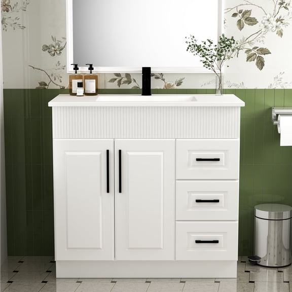 36" Bathroom Vanity with Ceramic Sink, Freestanding Bathroom Cabinet Vanity,Modern Wave-Pattern Fluted Design,Sink Storage Cabinet with 2 Doors and 3 Drawers, White