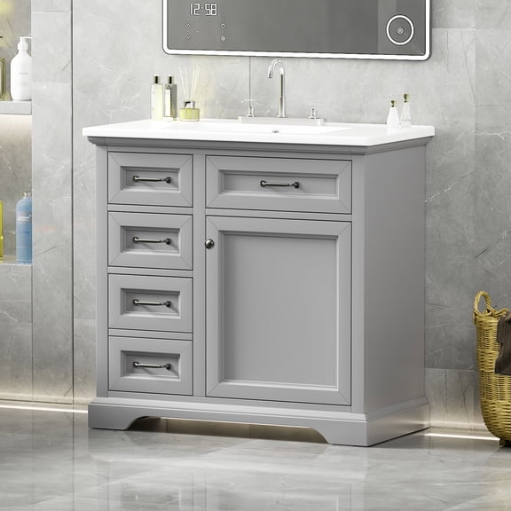 36" Bathroom Vanity with Ceramic Sink, Freestanding Modern Storage Cabinet with 2 Tip-Out Drawers & Soft-Closing Doors, Solid Wood Frame for Small Spaces, Light Grey
