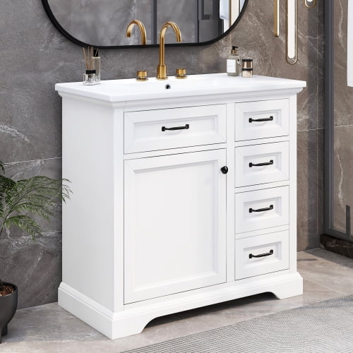 36" Bathroom Vanity with Ceramic Sink, Freestanding Modern Storage Cabinet with 2 Tip-Out Drawers & Soft-Closing Doors, Solid Wood Frame for Small Spaces, White