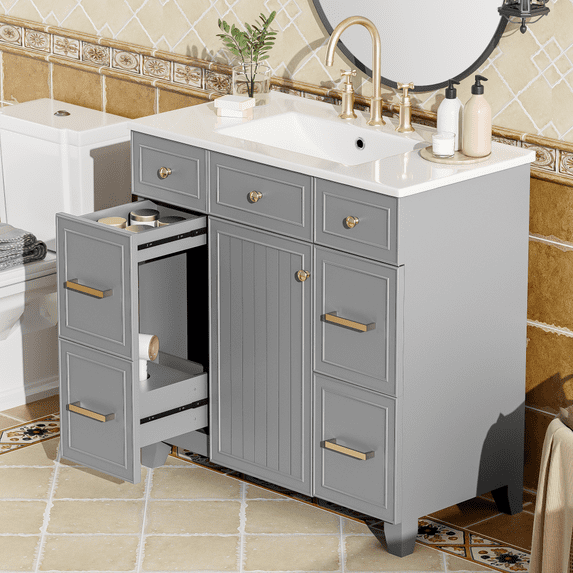 36" Bathroom Vanity with Ceramic Sink, Grey, Solid Wood Frame, Soft Close Doors, Adjustable Shelves, 3 Drawers, Including Double-Depth Drawer for Hairdryer Storage(Old sku:SV000003AAL-1)