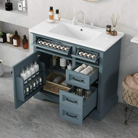 36" Bathroom Vanity with Ceramic Sink, Modern Bathroom Storage Cabinet with 4 Drawers and 1 Soft Closing Door, Freestanding Bathroom Vanities, Solid Wood Frame, Blue Gray