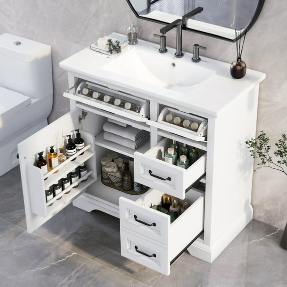 36" Bathroom Vanity with Ceramic Sink, Modern Bathroom Storage Cabinet with 4 Drawers and 1 Soft Closing Door, Freestanding Bathroom Vanities, Solid Wood Frame, White