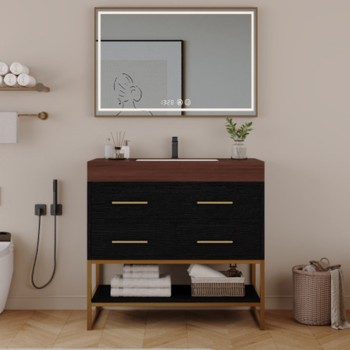 36" Bathroom Vanity with Ceramic Sink, Sintered Stone Top Bathroom Cabinet with Soft Close Drawers, Solid Wood Plywood Storage Vanity with Open Shelf & Gold Stainless Steel Legs, Black & Walnut