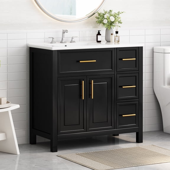 36" Bathroom Vanity with Ceramic Sink, Solid Wood Bathroom Vanity Cabinet with 2 Doors and 3 Drawers, Freestanding Vanity Cabinet with Metal Handle, Black