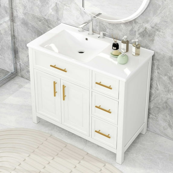 36" Bathroom Vanity with Ceramic Sink, Solid Wood Bathroom Vanity Cabinet with 2 Doors and 3 Drawers, Freestanding Vanity Cabinet with Metal Handle, White