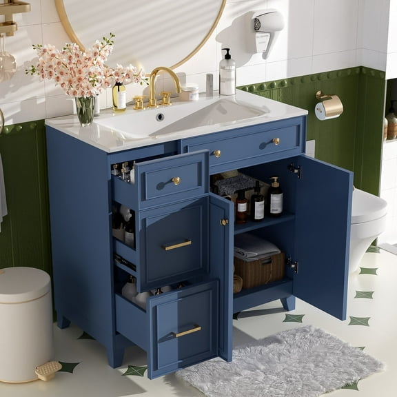 36" Bathroom Vanity with Ceramic Sink, Solid Wood Frame Cabinet with Standard & Double-Layer Drawers, Adjustable Shelves, Soft-Close Doors, and Modern Storage for Small to Medium Bathrooms