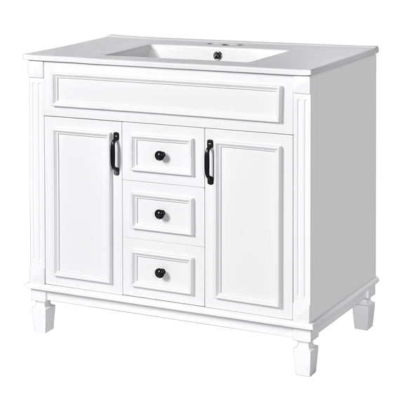 36'' Bathroom Vanity with Ceramic Sink Top, Modern Storage Cabinet with 2 Soft‑Closing Doors, Freestanding Single Sink Vanity for Contemporary Bathroom