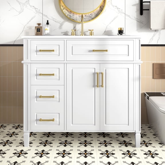 36" Bathroom Vanity with Ceramic Sink, White Single Sink Vanity, 4 Drawers (1 Flip Drawer), 2 Soft-Close Doors & Adjustable Shelf, Pinewood MDF, Gold Handles, Freestanding for Bathroom, White