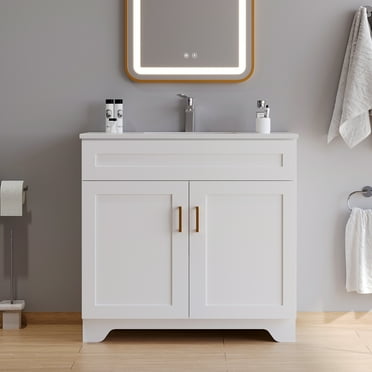 KZElegy 36" Bathroom Vanity with Sink, Farmhouse Wooden Double Door Bathroom Storage Cabinet,Freestanding Farmhouse Cabinet Vanity with Ceramic Sink (Paint, White,36")