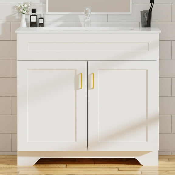 KZElegy 36" Bathroom Vanity with Sink, Farmhouse Wooden Double Door Bathroom Storage Cabinet,Freestanding Farmhouse Cabinet Vanity with Ceramic Sink (Paint, White,36")