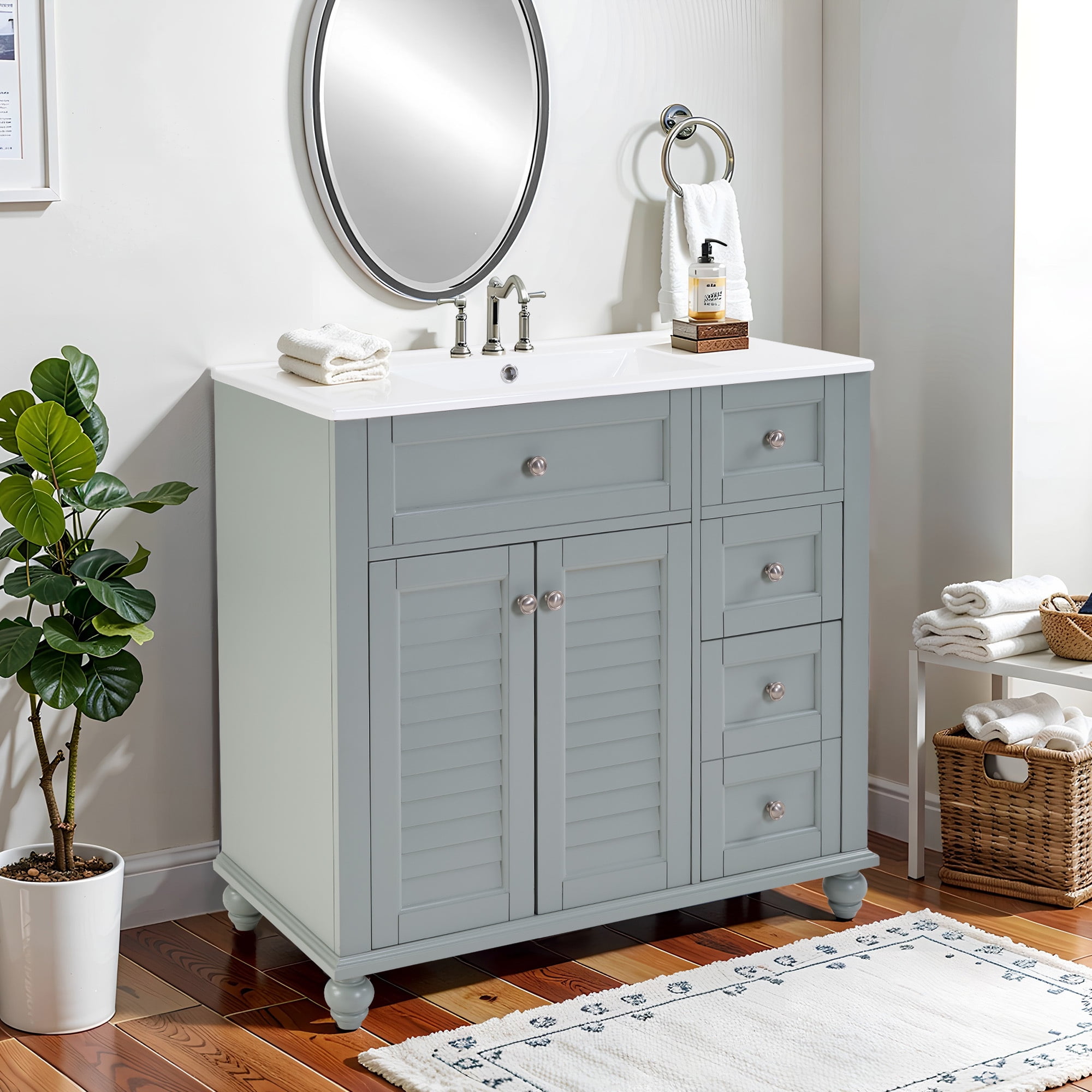 36" Bathroom Vanity with Ceramic Undermount Sink, Modern Simple Vanity Cabinet with Drawers & Doors, Solid Wood MDF Frame Bathroom Storage Cabinet with Combo Sink and Countertop, Blue Grey