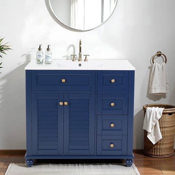 36" Bathroom Vanity with Ceramic Undermount Sink, Modern Simple Vanity Cabinet with Drawers & Doors, Solid Wood MDF Frame Bathroom Storage Cabinet with Combo Sink and Countertop, Blue