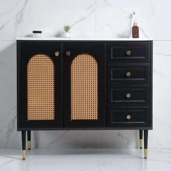 36" Bathroom Vanity Combo, Rattan Storage Cabinet with 2 Doors and 4 Drawer, Bathroom Storage Cabinet with Single Sink, Furniture Sink Cabinets, Black