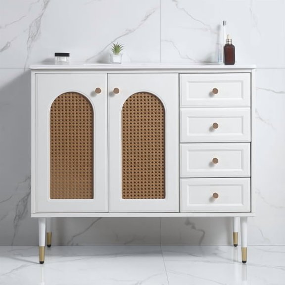 36" Bathroom Vanity Combo, Rattan Storage Cabinet with 2 Doors and 4 Drawer, Bathroom Storage Cabinet with Single Sink, Furniture Sink Cabinets, White