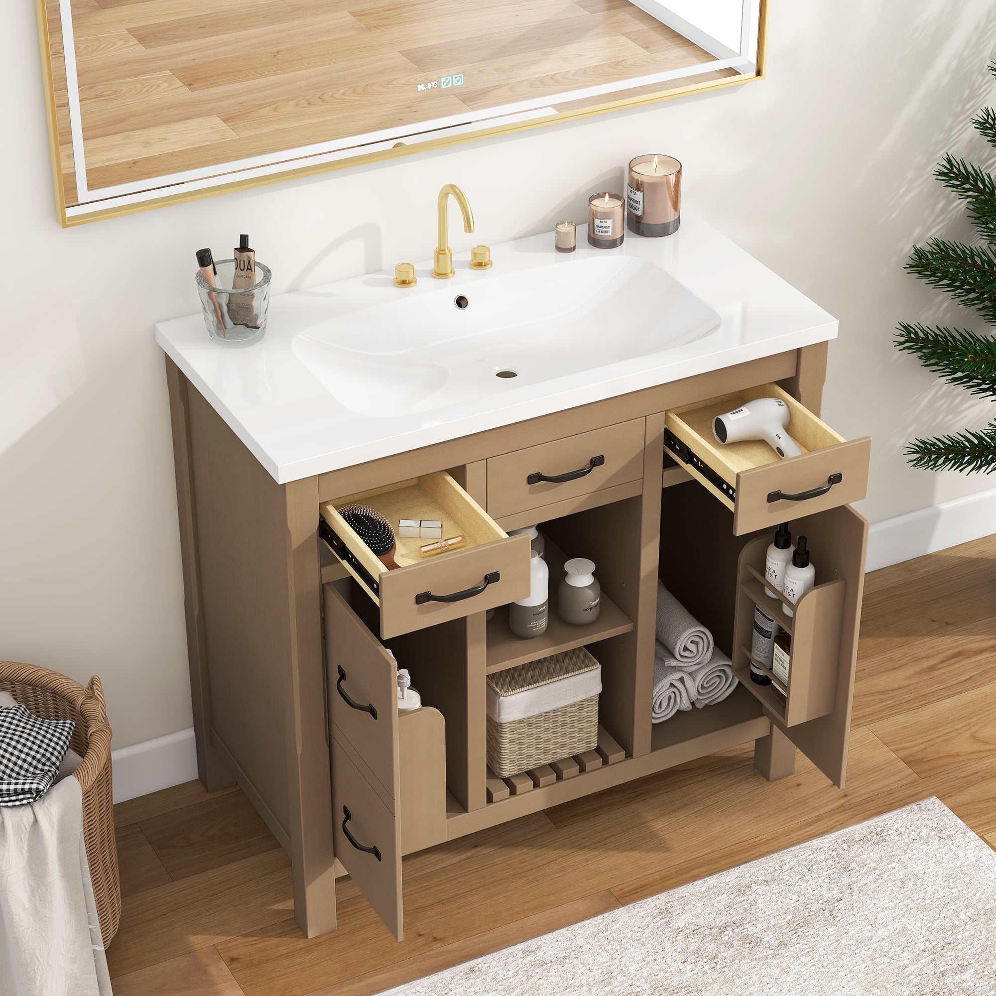 36 Bathroom Vanity Desk With Undermount Sink Modern Bathroom Storage Cabinet With 2 Drawers And 2 Cabinets Solid Wood Frame Bathroom Cabinet Walmart