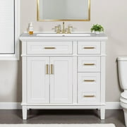 36" Bathroom Vanity with Integrated Ceramic Sink, Floor Standing Single Basin Vanity Set with 2 Soft Closing Doors and 4 Drawer, Bathroom Cabinet with Gold Metal Handle, White