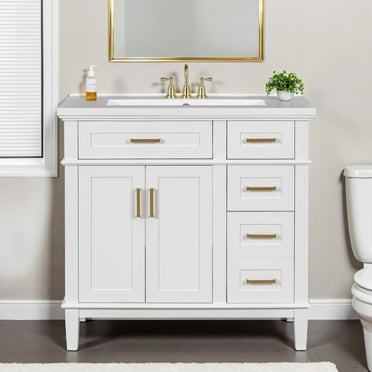 36" Bathroom Vanity with Integrated Ceramic Sink, Floor Standing Single Basin Vanity Set with 2 Soft Closing Doors and 4 Drawer, Bathroom Cabinet with Gold Metal Handle, White