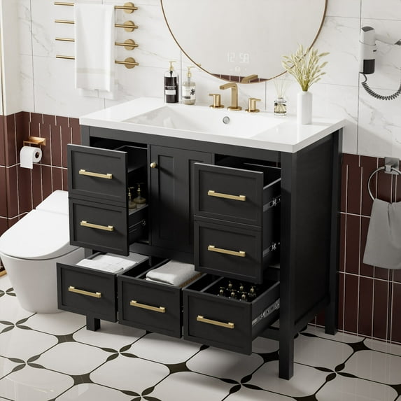 36" Bathroom Vanity with Resin Sink, Bathroom Vanity Cabinet with 5 Drawers, Freestanding Bathroom Vanity Set, Solid Wood Frame and Soft Closing Door, Black