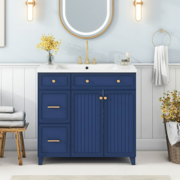 36" Bathroom Vanity with Resin Sink, Solid Wood Freestanding Single Basin Vanity with 2 Drawers & 1 Adjustable Storage Shelf, Wood Bathroom Cabinet with 2 Soft-close Doors, Navy Blue