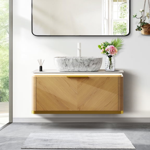 36" Bathroom Vanity with Sensor Light, Floating Plywood Bathroom Vanity & Sintered Stone Top - Bathroom Vanity with Sinks, Ceramic Vessel Basins Bathroom Sink - Corolla Oak Wood Grain Drawers Vanity