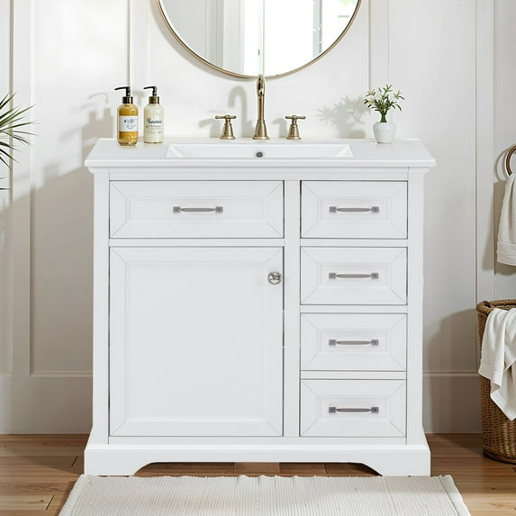 36" Bathroom Vanity Set with Ceramic Undermount Sink, 2 Tip-Out & Slide-Out Drawers, Soft-Close Hinges, Modern White Design, Durable Waterproof Construction
