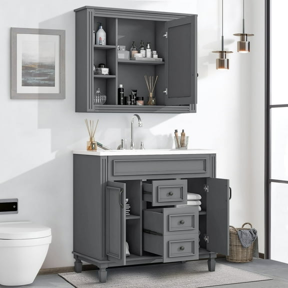 36" Bathroom Vanity Set with Resin Sink and Wall Mounted Mirror Cabinet, Modern Freestanding Single Cabinet Combo with Storage Shelves & 2 Drawers & 2 Soft Closing Doors, Vintage Handles, Gray