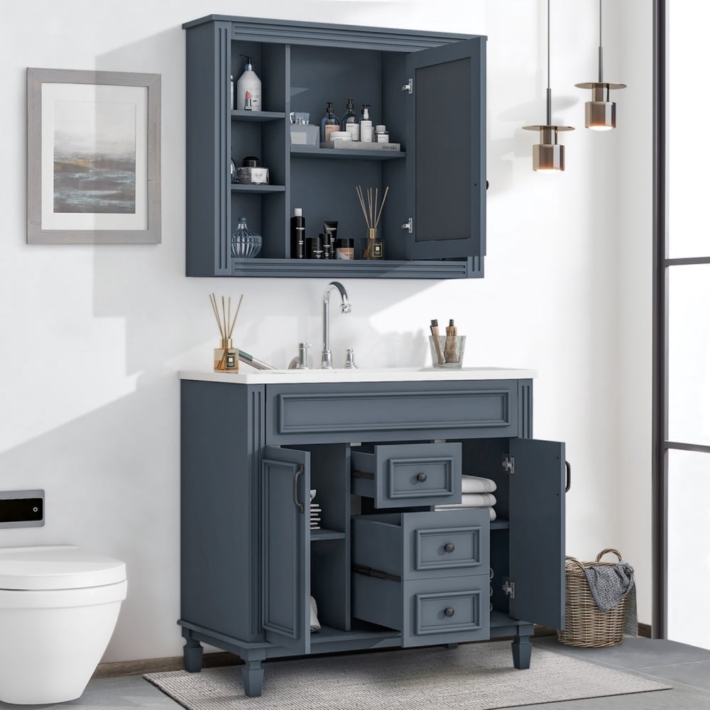 36" Bathroom Vanity Set with Resin Sink and Wall Mounted Mirror Cabinet, Modern Freestanding Single Cabinet Combo with Storage Shelves & 2 Drawers & 2 Soft Closing Doors, Vintage Handles, Blue