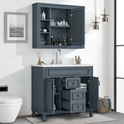 36" Bathroom Vanity Set with Resin Sink and Wall Mounted Mirror Cabinet, Modern Freestanding Single Cabinet Combo with Storage Shelves & 2 Drawers & 2 Soft Closing Doors, Vintage Handles, Blue