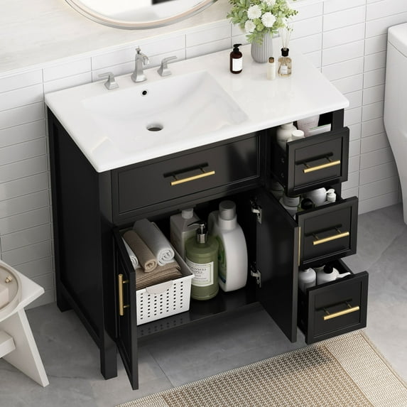 36'' Bathroom Vanity with Single Sink Combo, Modern Bathroom Storage Cabinet with 3 Drawers and 2 Doors, Freestanding Bathroom Vanities, Solid Wood Frame, Black