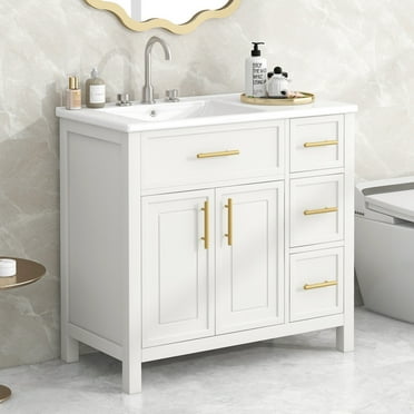 36'' Bathroom Vanity with Single Sink Combo, Modern Bathroom Storage Cabinet with 3 Drawers and 2 Doors, Freestanding Bathroom Vanities, Solid Wood Frame, White