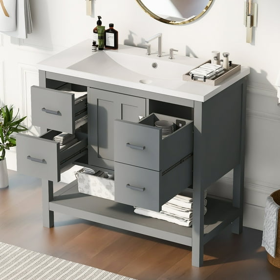 36" Bathroom Vanity with Single Sink and USB Charge Station, Combo Cabinet Undermount Countertop with Door, Bathroom Cabinet with Shallow Drawers and Deep Drawer, Small Bathroom Organization Cabinet