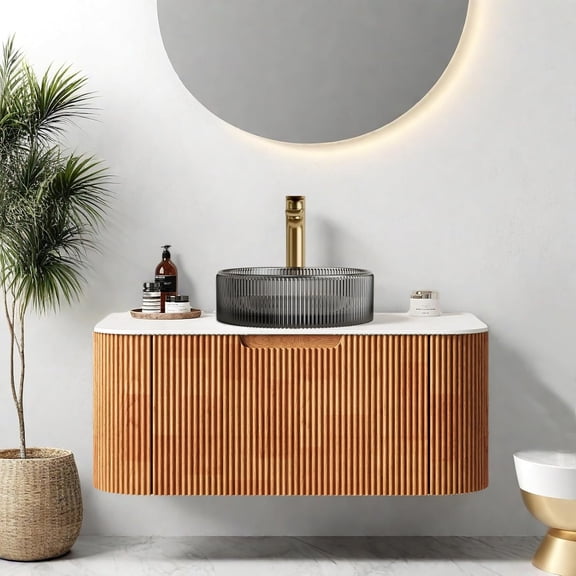 36" Bathroom Vanity with Sink, Bathroom Cabinet with Round Transparent Black Glass Basin and Marble Countertop, Large Storage Drawer, Soft-Close Design, Pre-Assembled, Nature Wood