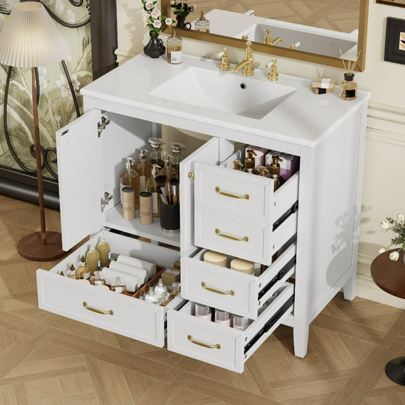 36" Bathroom Vanity with Sink, Bathroom Cabinet with Soft-Closing Door, 4 Drawers of Different Sizes, Solid Wood Frame and Leg, One Package, Mattress Not Included, White