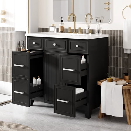 36"Bathroom Vanity with Sink, Bathroom Vanity 36 Inch with Sink,36 Vanity with Sink for Bathroom, 36 in Restroom Vanity with Top, Soft Closing Door and 3 Drawers, No Faucet, Black