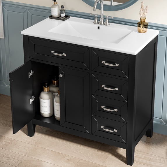 36" Bathroom Vanity with Sink, Black Modern Bathroom Cabinet with Storage Drawers, Freestanding Vanity with Ceramic Basin, Solid Wood & MDF Construction