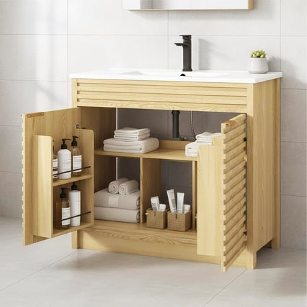 36" Modern Bathroom Vanity with Sink and Faucet Combo, Double Fluted Door Vanity Set, Ceramic Integrated Basin, 6-Tier Smart Storage Organization