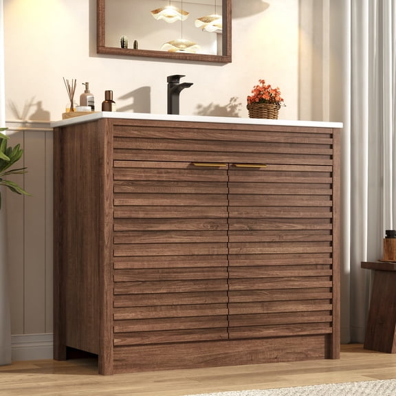 36" Modern Bathroom Vanity with Sink and Faucet Combo, Double Fluted Door Vanity Set, Ceramic Integrated Basin, 6-Tier Smart Storage Organization
