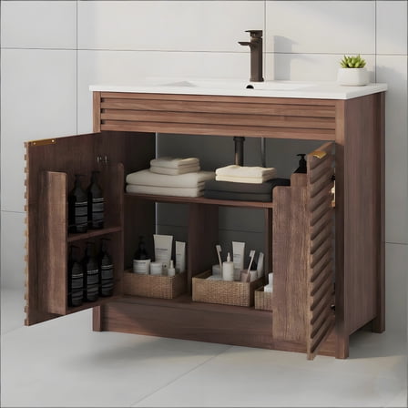 36" Modern Bathroom Vanity with Sink and Faucet Combo, Double Fluted Door Vanity Set, Ceramic Integrated Basin, 6-Tier Smart Storage Organization