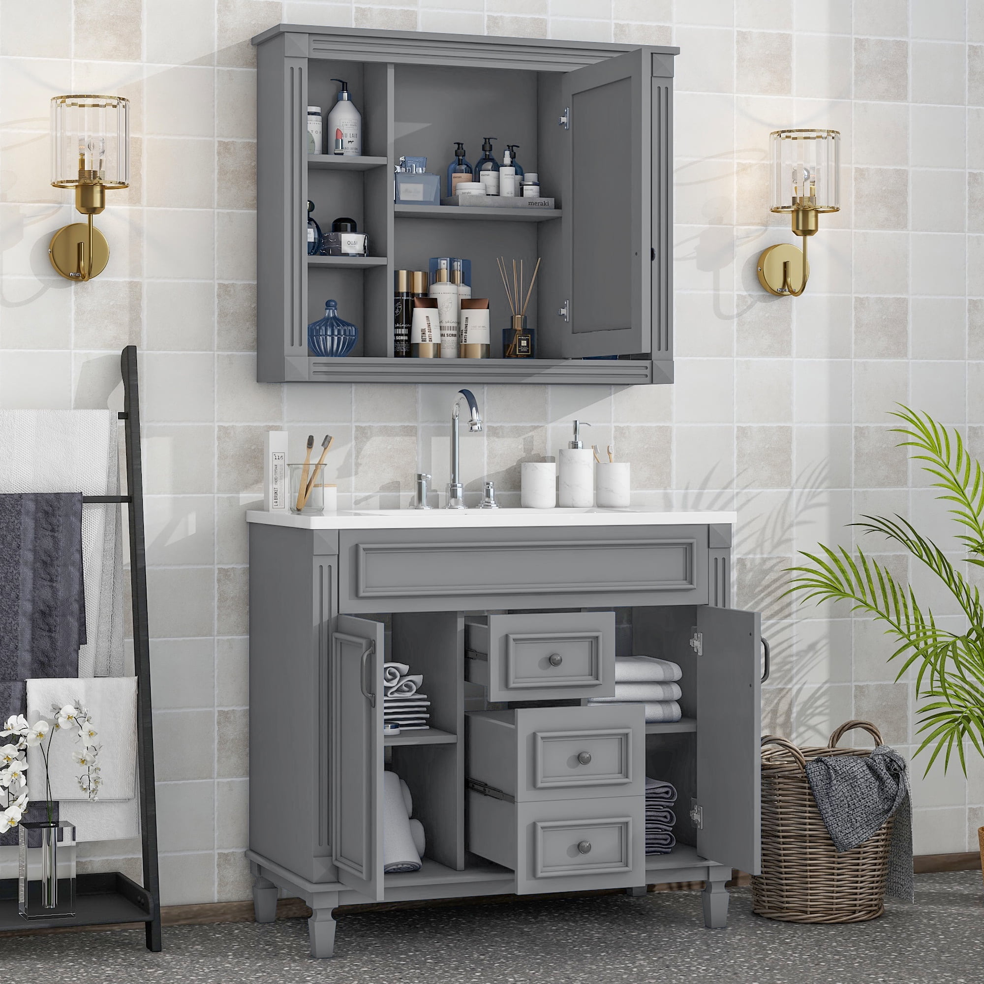 36'' Bathroom Vanity Sink Combo with Mirror Cabinet, Freestanding Floor ...