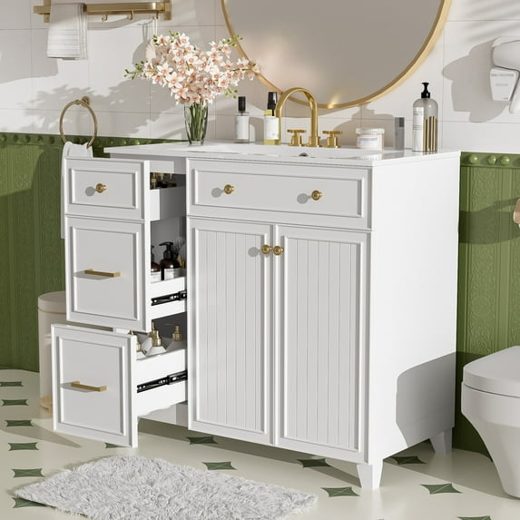 36" Bathroom Vanity with Sink Combo, Modern Bathroom Storage Cabinet with 2 Drawers & Soft-Close Doors, Solid Wood Bathroom Vanity with Ceramic Sink, Adjustable Shelf, White