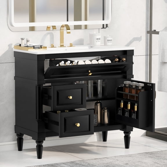 36" Bathroom Vanity with Sink Combo, Modern Bathroom Storage Cabinet with 3 Pull-Out Drawers and 1 Soft-Closing Door, Ceramic Basin, Freestanding Wooden Frame, Black