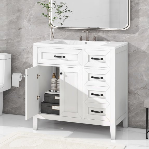 36" Bathroom Vanity with Sink Combo, Modern Bathroom Storage Cabinet with One Cabinet and Drawers, Bathroom Vanity Base Only, Solid Frame and MDF Board, Easy to Install, White