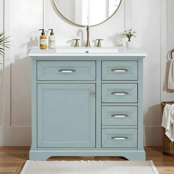 36" Bathroom Vanity with Sink Combo Set, Solid Wood Frame Modern Bathroom Storage Cabinet with 2 Drawers and 2 Tip-Out Drawer, Soft Closing Cabinet Door with Organizer, Grey