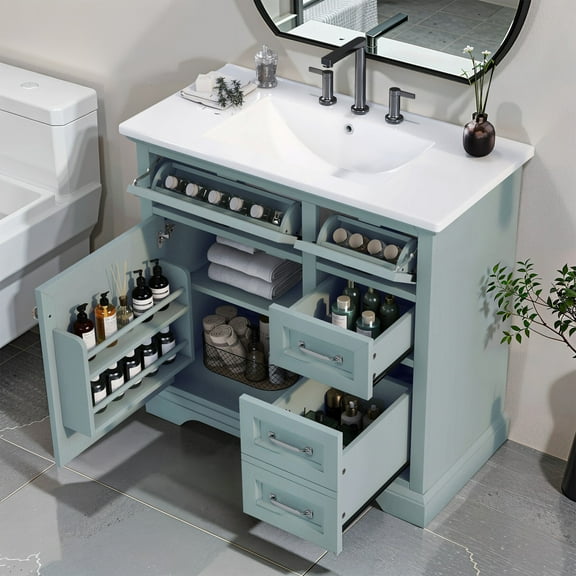 36" Bathroom Vanity with Sink Combo Set, Wooden Bathroom Storage Cabinet with 2 Drawers and 2 Tip-Out Drawers, Soft Closing Cabinet Door with Organizer, Grey