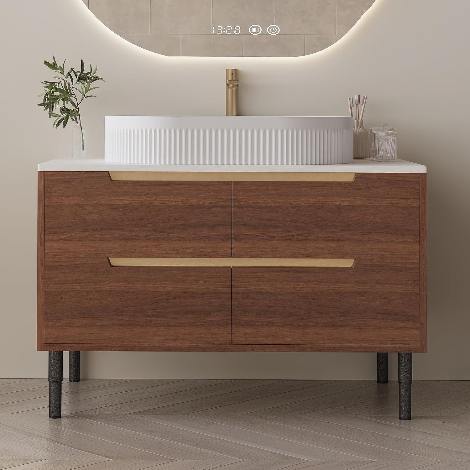 36"Bathroom Vanity with Sink and Countertop, Modern Freestanding Bathroom Vanity Cabinet with Oval Ceramic Vessel Sink, 4 Soft Closing Drawers, Adjustable Metal Legs, 2-in-1 Installation, Walnut