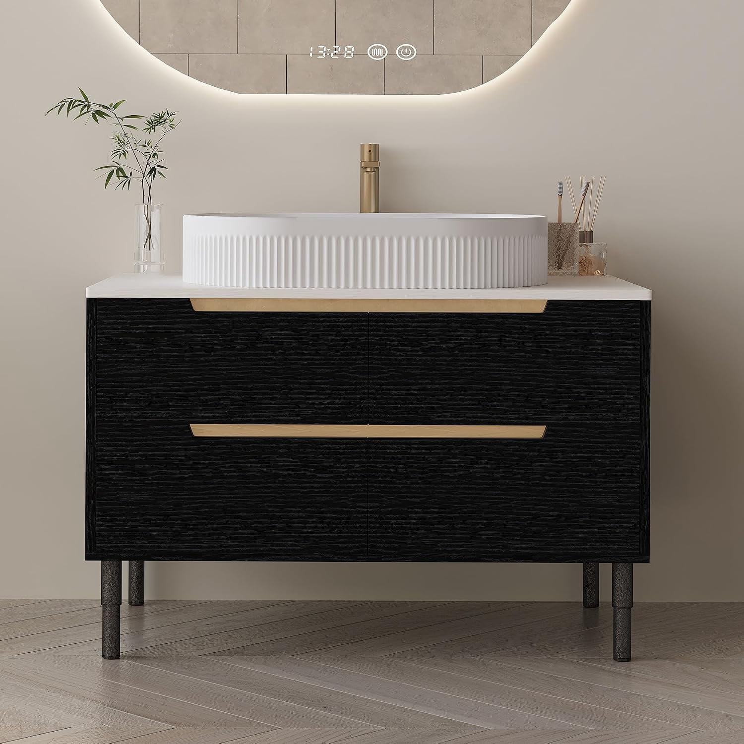 36" Bathroom Vanity with Sink and Countertop, Modern Freestanding Bathroom Vanity Cabinet with Oval Ceramic Vessel Sink, 4 Soft Closing Drawers, Adjustable Metal Legs, 2-in-1 Installation,Black Gold