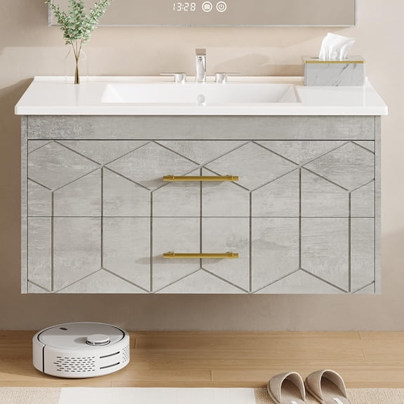 36" Bathroom Vanity with Sink, Floating Bathroom Vanity with Ceramic Basin, 2 Large Storage Drawers with Gold Metal Handle, Modern Wall Mounted Bathroom Cabinet with Sink, Grey