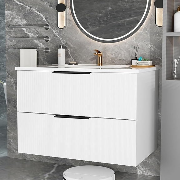 36" Bathroom Vanity with Sink, Floating Bathroom Vanity with Ceramic Sink & 2 Storage Drawers, Soft-Close Doors, Modern Wall Mount Bathroom Storage Cabinet for Small Space (Matte White)